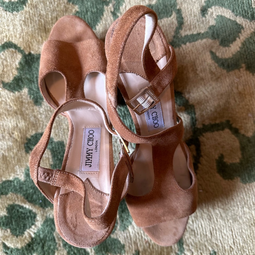 Jimmy Choo iconic cognac suede and wood platform sandal size 40